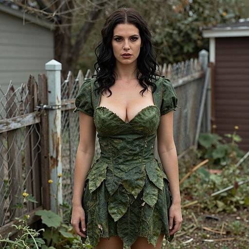 Photograph of a dark-haired woman with fair skin wearing a green leaf dress with deep cleavage, standing in a rustic, overgrown backyard with a