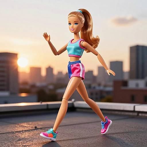 Photorealistic CGI doll with tan skin, brown hair in ponytail, wearing blue crop top, pink and blue shorts, turquoise sneakers, walking on