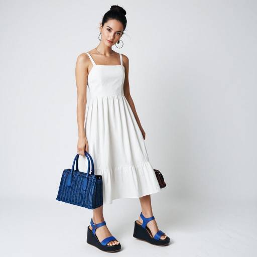 Woman in White Midi Dress and Blue Sandals