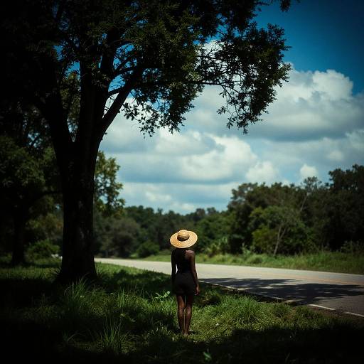 Photograph of a person with a straw hat, standing in shadowed grass beside a road, with a large tree and blue sky in the background.