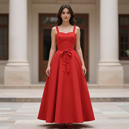 Photograph of a young woman with dark hair in a sleeveless, red, floor-length dress with a bow, standing in front of a classical building