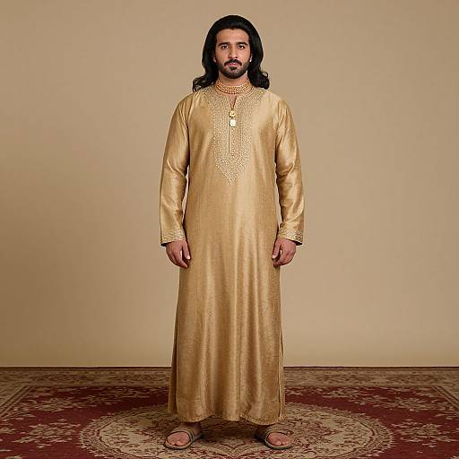 Photograph of a man with long black hair and beard, wearing a gold silk kurta, standing on a patterned red carpet.