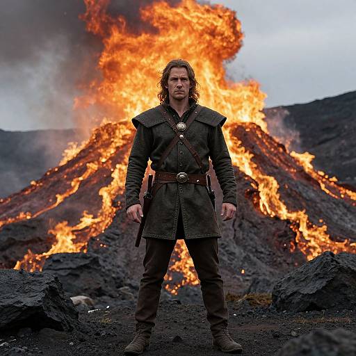Medieval Man in Fiery Volcanic Landscape
