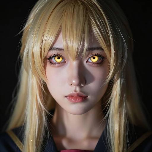 Digital portrait of a pale-skinned anime-style woman with long blonde hair, glowing yellow eyes, and a serious expression, set against a dark background.