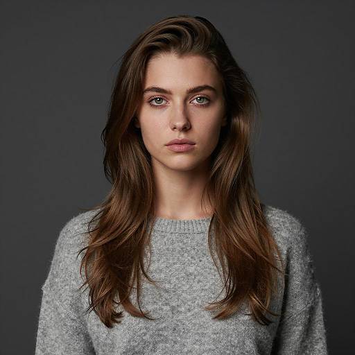 Young Woman with Long Wavy Hair in Grey Sweater