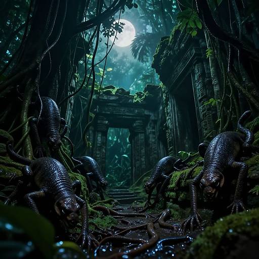 Photorealistic CGI of a dark, misty jungle temple with five shiny, black, alien-like creatures with segmented bodies crawling on moss-covered stone steps
