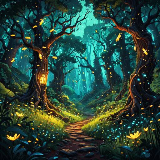 Vibrant Cartoon Forest with Fireflies