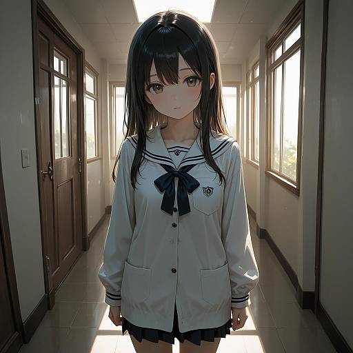 Detailed Anime Girl in Indoor Hallway