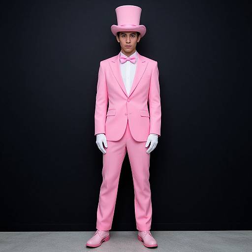 Photorealistic CGI of a man in a bright pink tuxedo, top hat, white gloves, and pink shoes, standing against a black background