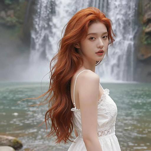 Serene Beach Scene with Auburn-Haired Woman