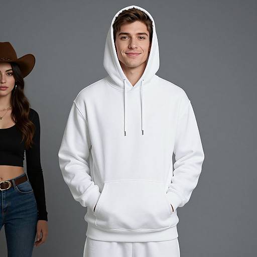 Photograph of a young man in a white hooded sweatshirt, standing next to a woman in a black crop top and jeans, wearing a brown