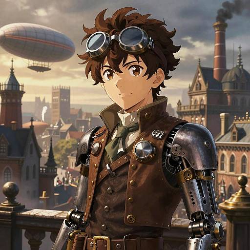 Anime-style digital artwork of a young man with brown hair, steampunk goggles, and metallic armor, standing on a rooftop with a futuristic cityscape