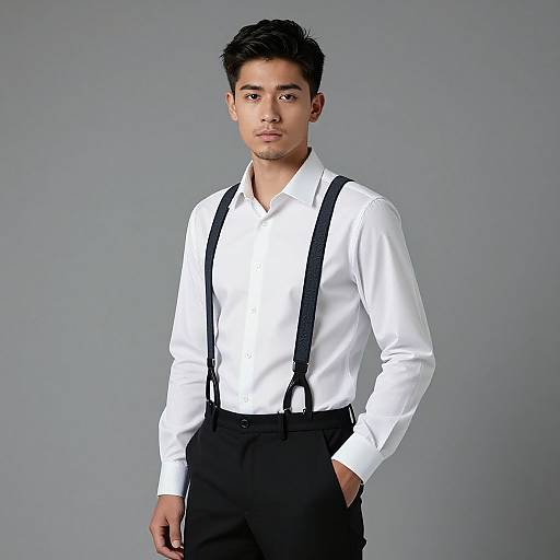 Photograph of a young Asian man with short black hair, wearing a white dress shirt, black suspenders, and black pants, standing against a plain