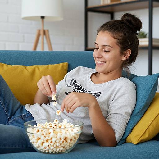 Young woman with dark hair in a bun, wearing a white shirt and jeans, smiling while eating popcorn from a glass bowl on a blue couch with yellow