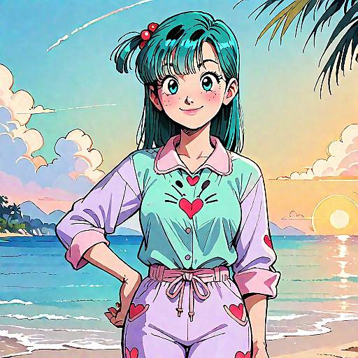 Anime Girl Smiling at Beach Sunset
