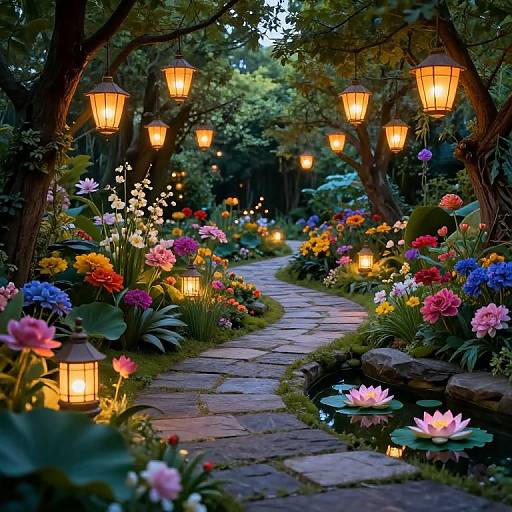 Enchanted Garden with Lanterns and Stone Path