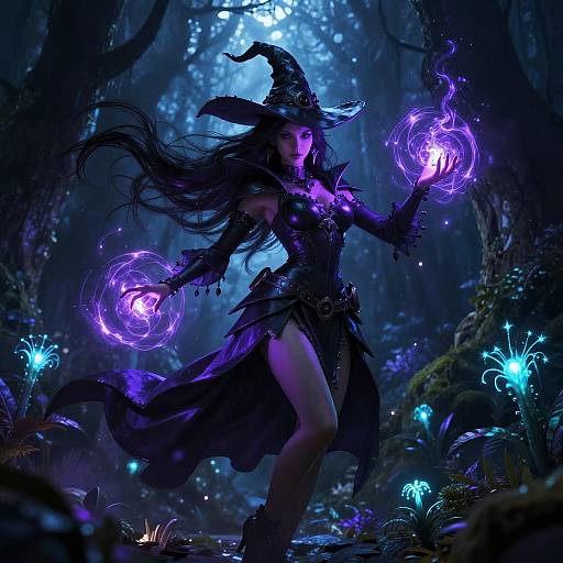 Digital art of a mystical, purple-glowing witch in a dark forest, casting glowing purple magic spells, surrounded by bioluminescent plants.