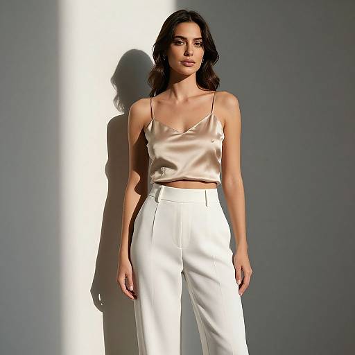 Photograph of a brunette woman with wavy hair, wearing a satin beige crop top and white high-waist pants, standing against a gray wall