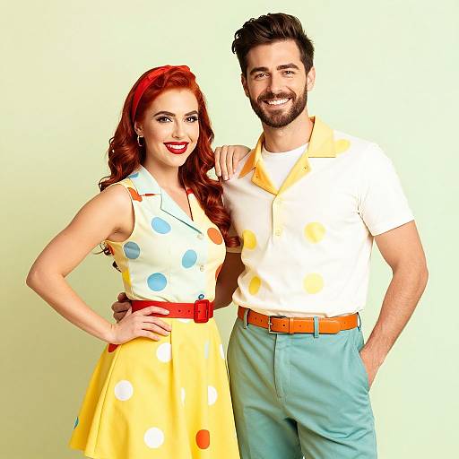 Photograph of a smiling couple with retro outfits; woman in red lipstick, polka dot dress, and yellow skirt; man in white shirt, blue
