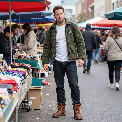 Photograph of a bearded man with short brown hair, wearing a green jacket, white t-shirt, dark jeans, and brown boots, walking in
