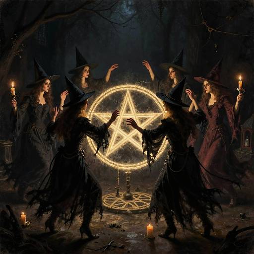 Gothic Witches Dancing Around Pentagram