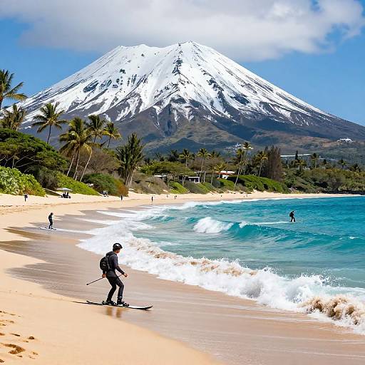 Photograph of a surfer on a sandy beach with turquoise waves, snow-capped volcano in the background, and palm trees lining the shore.