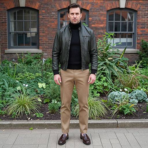 Photograph of a bearded man in a black leather jacket, black turtleneck, tan pants, and brown shoes, standing in front of a