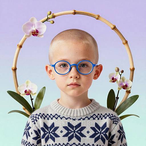 Child Portrait with Bamboo Wreath and Orchids