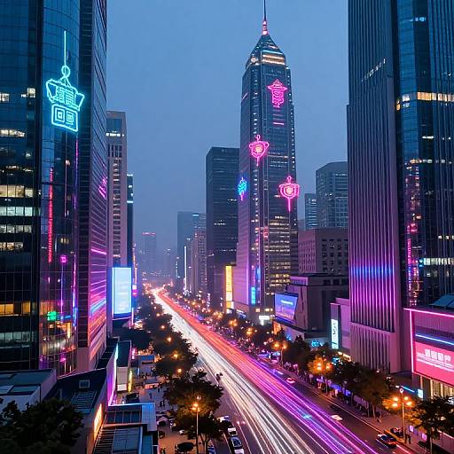 Neon-lit urban skyline photograph at dusk, featuring vibrant pink, blue, and purple neon signs on tall skyscrapers, with light trails from