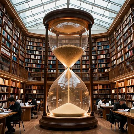 Photograph of a grand library with tall, illuminated hourglass centerpiece, surrounded by wooden bookshelves and seated readers working at tables.