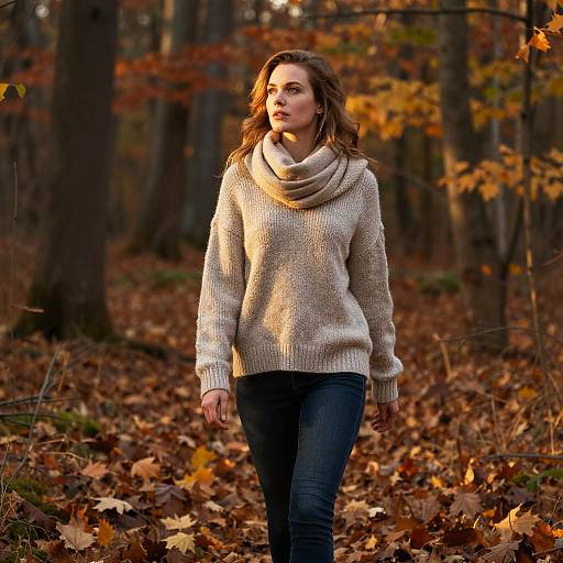 Photograph of a woman with light brown hair, wearing a beige knit sweater and dark jeans, walking through a forest of autumn leaves. Warm sunlight filters