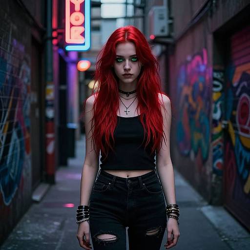 Photograph of a pale-skinned, red-haired woman with green eyes, wearing a black crop top and ripped jeans, standing in a graffiti-filled,