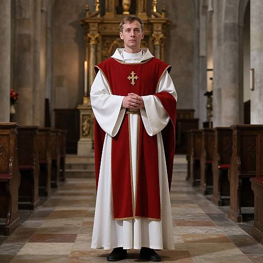 Medieval Priest in Red and White Robe