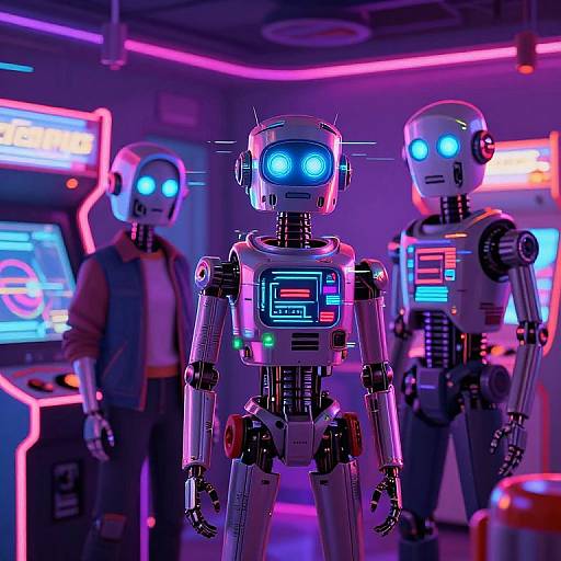 Neon-lit arcade scene with three glowing blue-eyed robots and a person in a jacket, standing in front of colorful arcade machines.