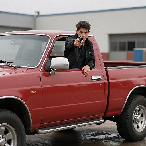 Young Man in Pickup Truck with Handgun