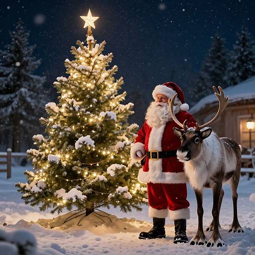 Santa and Reindeer by Christmas Tree