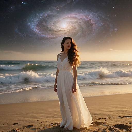 Photograph of a woman in a flowing white dress, standing on a beach at sunset, with a galaxy spiral overhead.