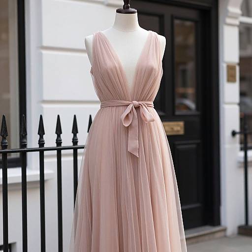 Photograph of a sleeveless, pastel pink, pleated dress with a bow tie at the waist, displayed on a white dress form in front