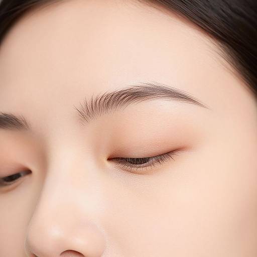 Close-up photograph of an Asian woman's serene face with closed eyes, light skin, and subtle eyebrows, focusing on her calm expression.