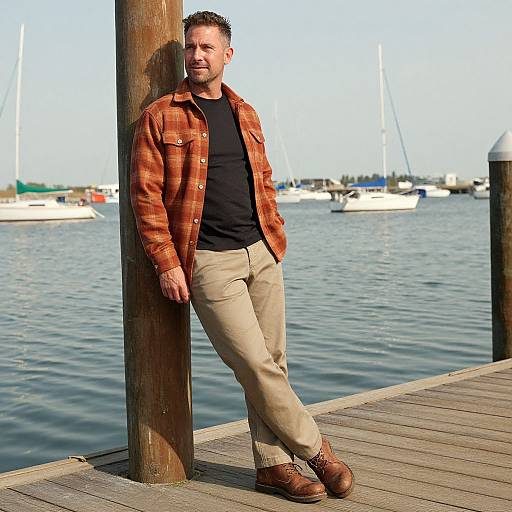 Photograph of a bearded man with short brown hair, wearing a red plaid shirt, black t-shirt, beige pants, and brown boots,
