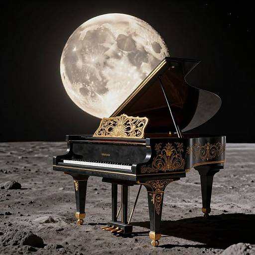 Photograph of an ornate black grand piano with gold accents on a moonlit, cratered lunar surface, featuring a large, glowing full moon behind