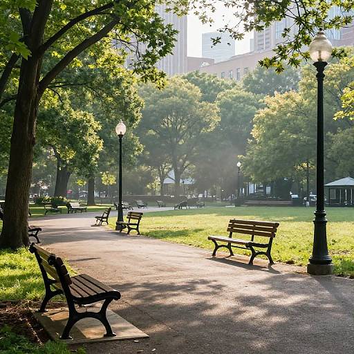 Sunlit park with wooden benches, black lampposts, and green trees. Dappled sunlight filters through leaves, casting shadows on a paved