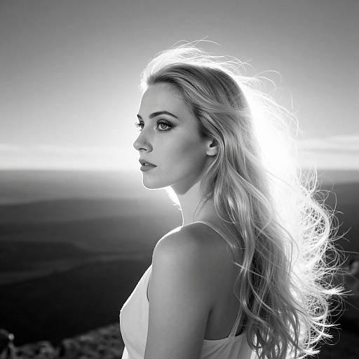 Black-and-white photograph of a blonde woman with glowing hair, profile view, wearing a white top, against a bright sky and dark landscape.
