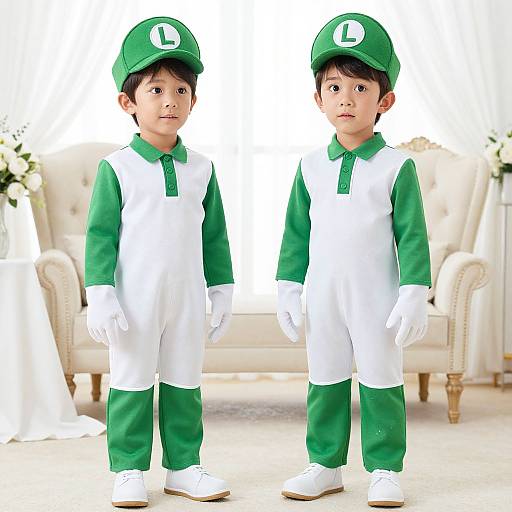 Photograph of two young Asian boys, identical twins, in green and white cricket uniforms with caps, standing in a bright room with a cream sofa and