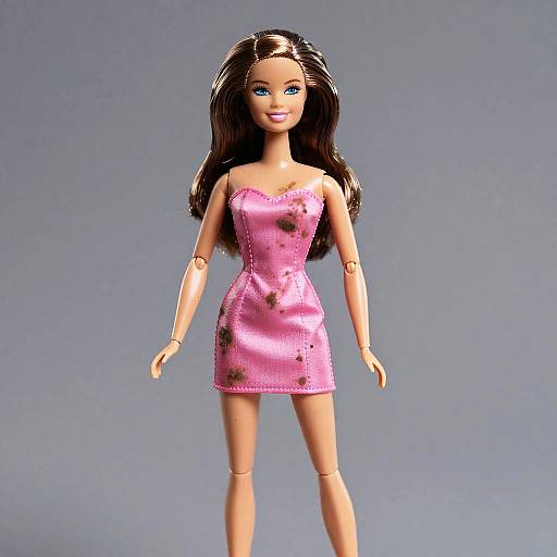 Photograph of a brunette doll with blue eyes, wearing a sparkly pink strapless dress, standing against a plain gray background.