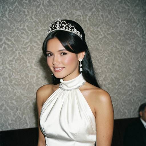 Elegant woman in white high-neck dress with tiara
