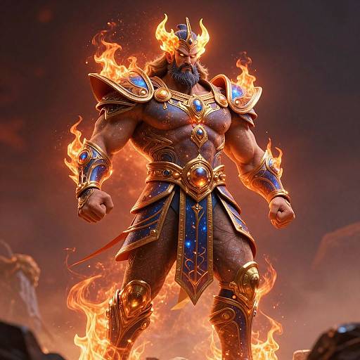 CGI image of a muscular, bearded, fire-encircled warrior with blue and gold armor, glowing blue gems, and fiery helmet,