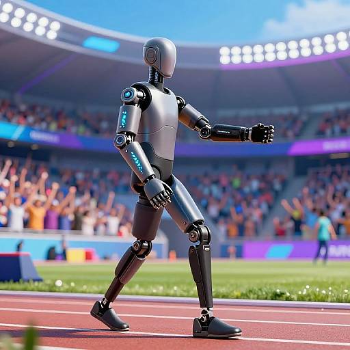 CGI image of a shiny, metallic humanoid robot walking on a track in a brightly lit stadium with cheering crowds.