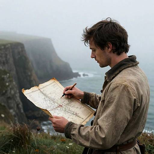 Contemplative Mariner on Fog-Laced Cliffs