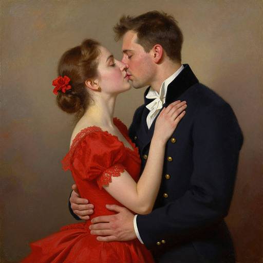 Photograph-style digital painting of a couple kissing. She wears a red dress with lace, red hair flower; he wears a black coat with white bow